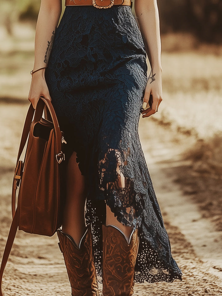 Victoria | Vintage Bohemian Blue Lace Sleeveless Midi Dress
