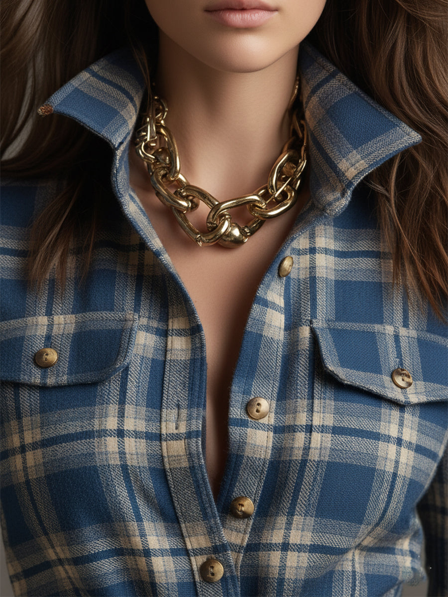 Victoria | Retro Ethnic Style Lapel Reddish Brown Plaid Maxi Dress