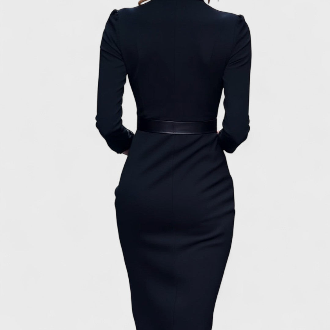 Victoria | Elegant Black Dress with Belt and Collar