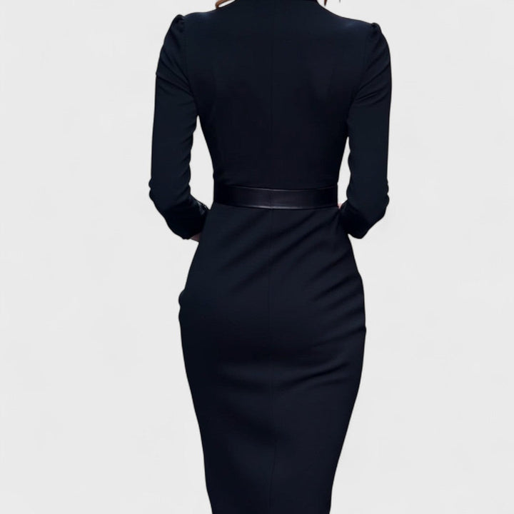 Victoria | Elegant Black Dress with Belt and Collar
