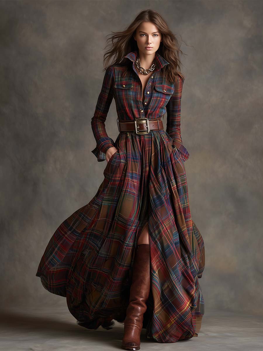 Victoria | Retro Ethnic Style Lapel Reddish Brown Plaid Maxi Dress