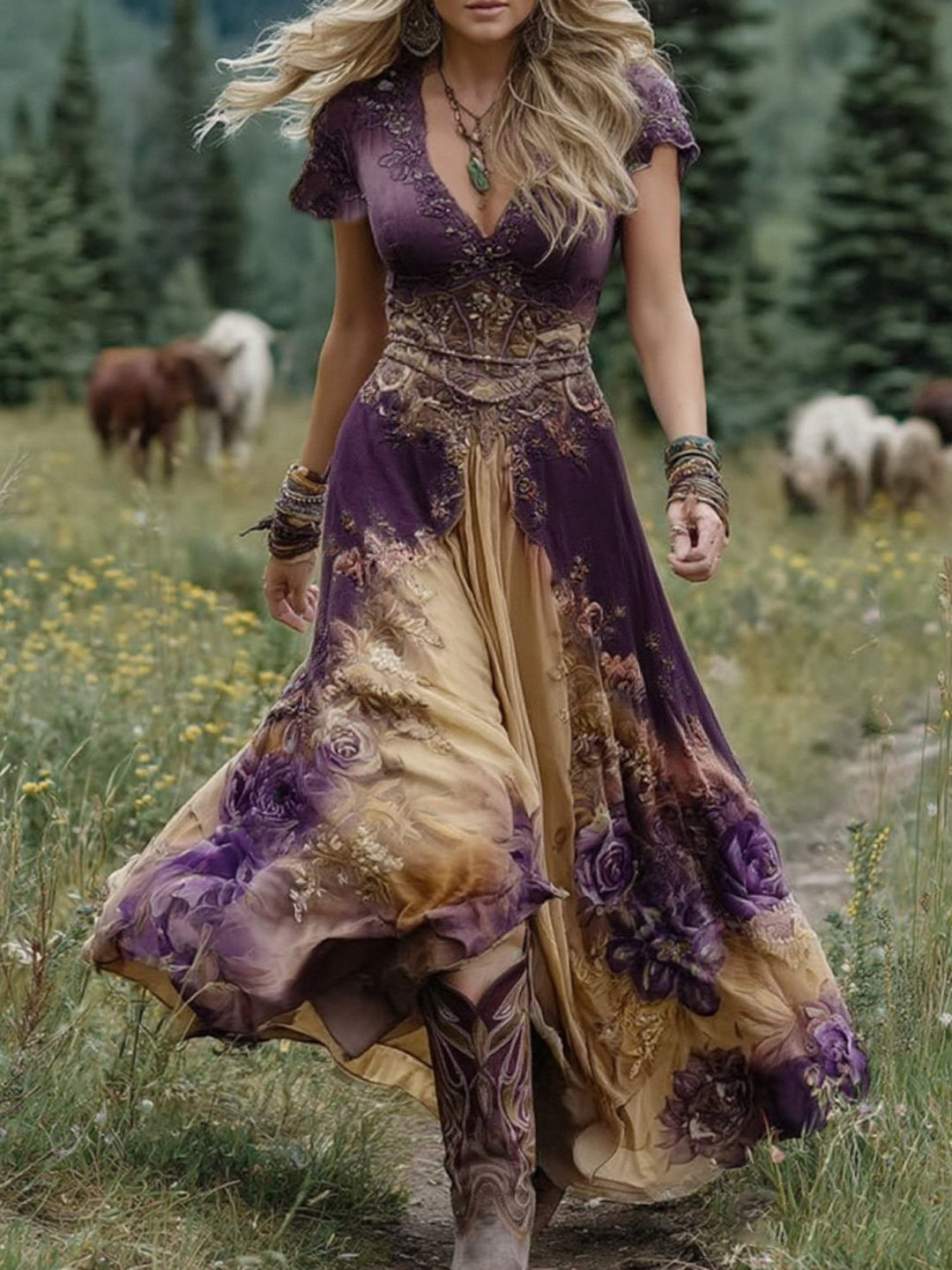 Victoria | Classy Gradient Purple Lavender And Floral Printed Short Maxi Dress