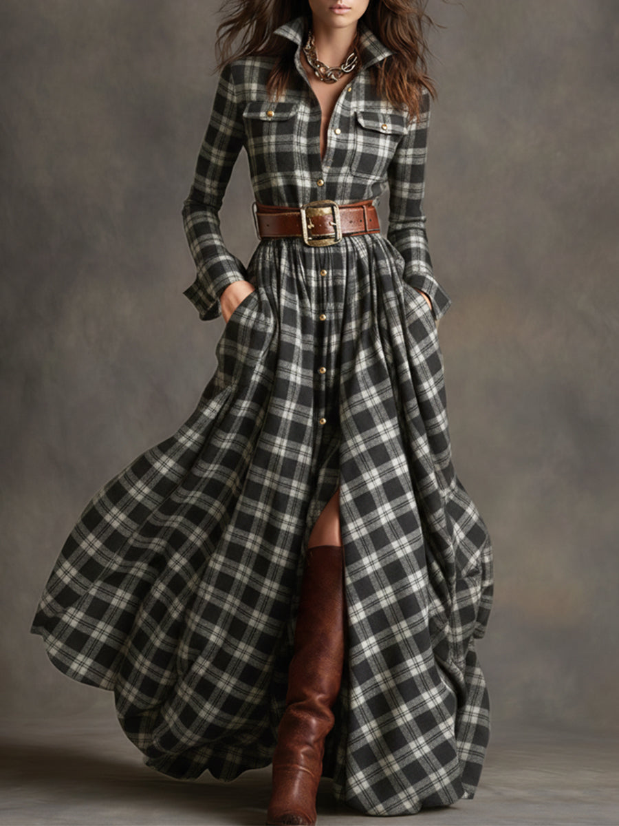 Victoria | Retro Ethnic Style Lapel Reddish Brown Plaid Maxi Dress