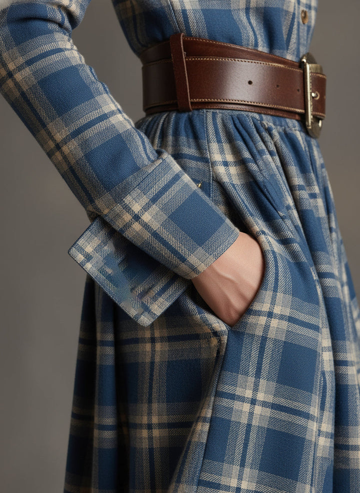 Victoria | Retro Ethnic Style Lapel Reddish Brown Plaid Maxi Dress