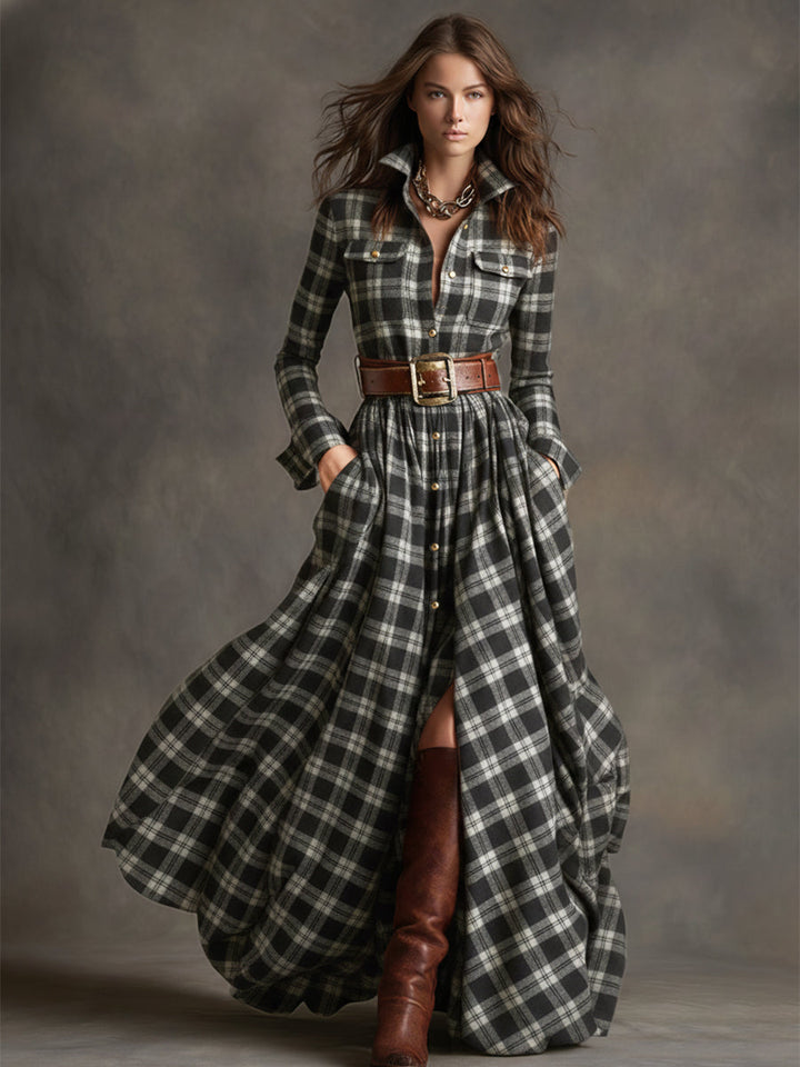 Victoria | Retro Ethnic Style Lapel Reddish Brown Plaid Maxi Dress