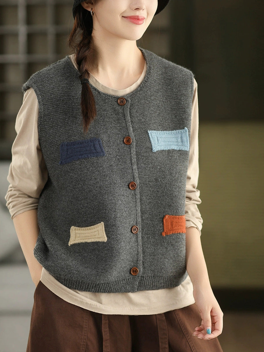 Victoria | Autumn Artistic Patch O-Neck Knitted Vest
