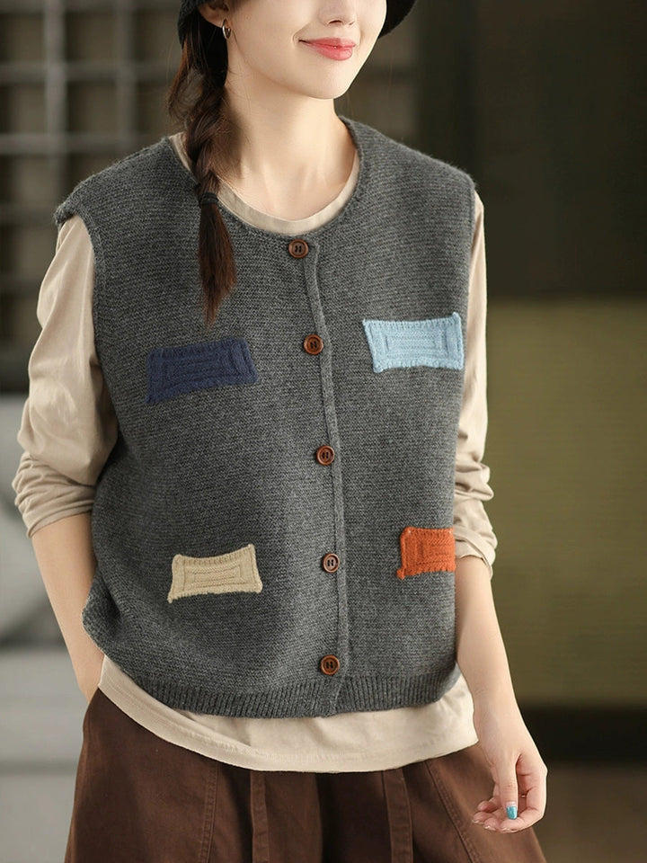 Victoria | Autumn Artistic Patch O-Neck Knitted Vest