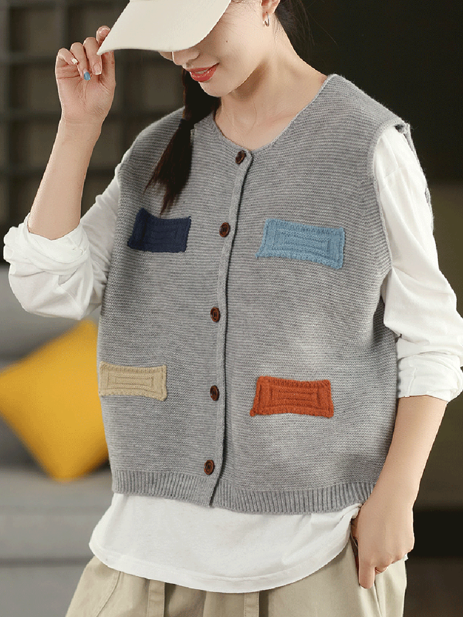 Victoria | Autumn Artistic Patch O-Neck Knitted Vest
