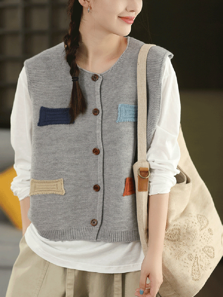 Victoria | Autumn Artistic Patch O-Neck Knitted Vest