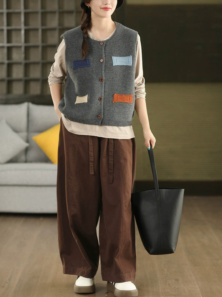 Victoria | Autumn Artistic Patch O-Neck Knitted Vest