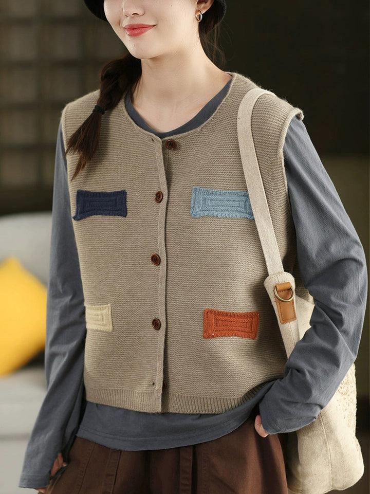 Victoria | Autumn Artistic Patch O-Neck Knitted Vest