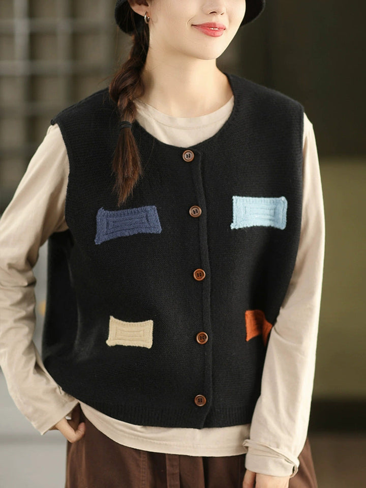 Victoria | Autumn Artistic Patch O-Neck Knitted Vest