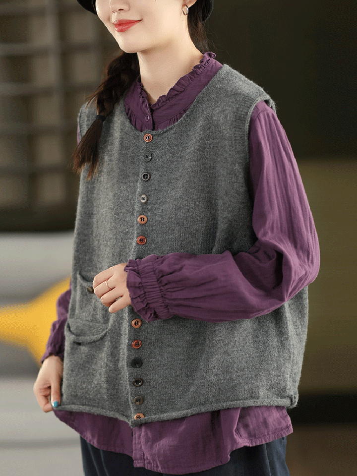 Victoria | Autumn Artistic Pure Colour Knitted Cardigan with Round Neck