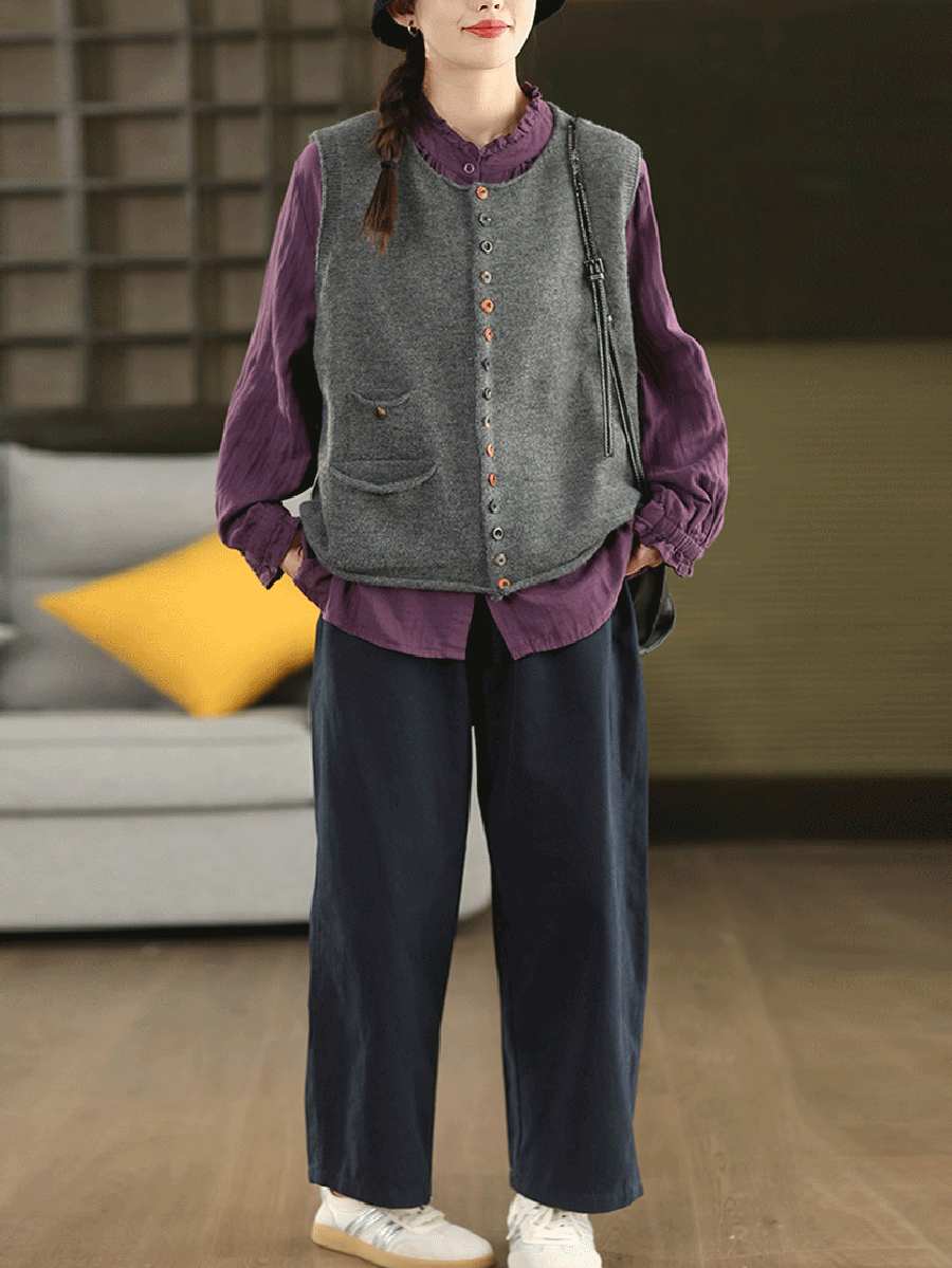 Victoria | Autumn Artistic Pure Colour Knitted Cardigan with Round Neck