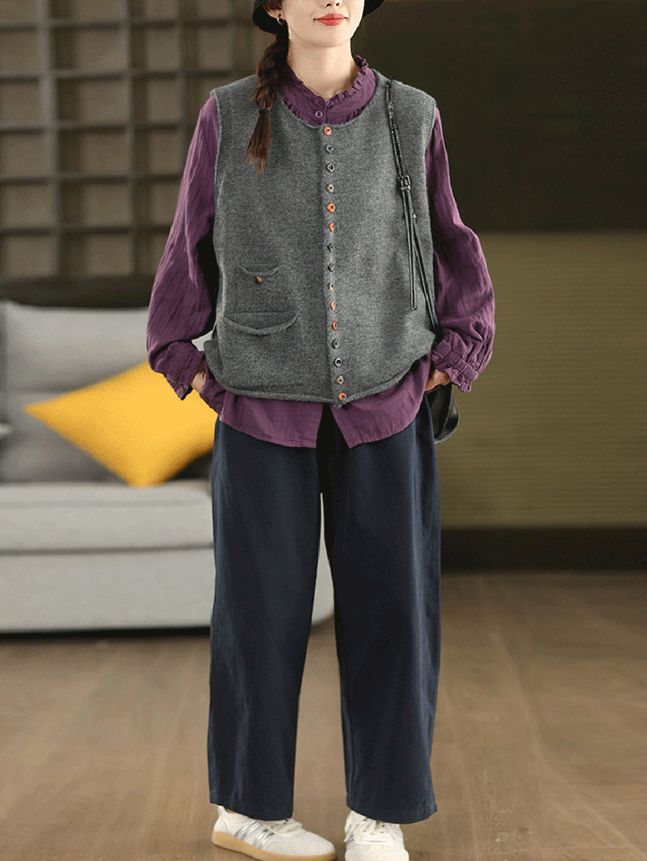 Victoria | Autumn Artistic Pure Colour Knitted Cardigan with Round Neck