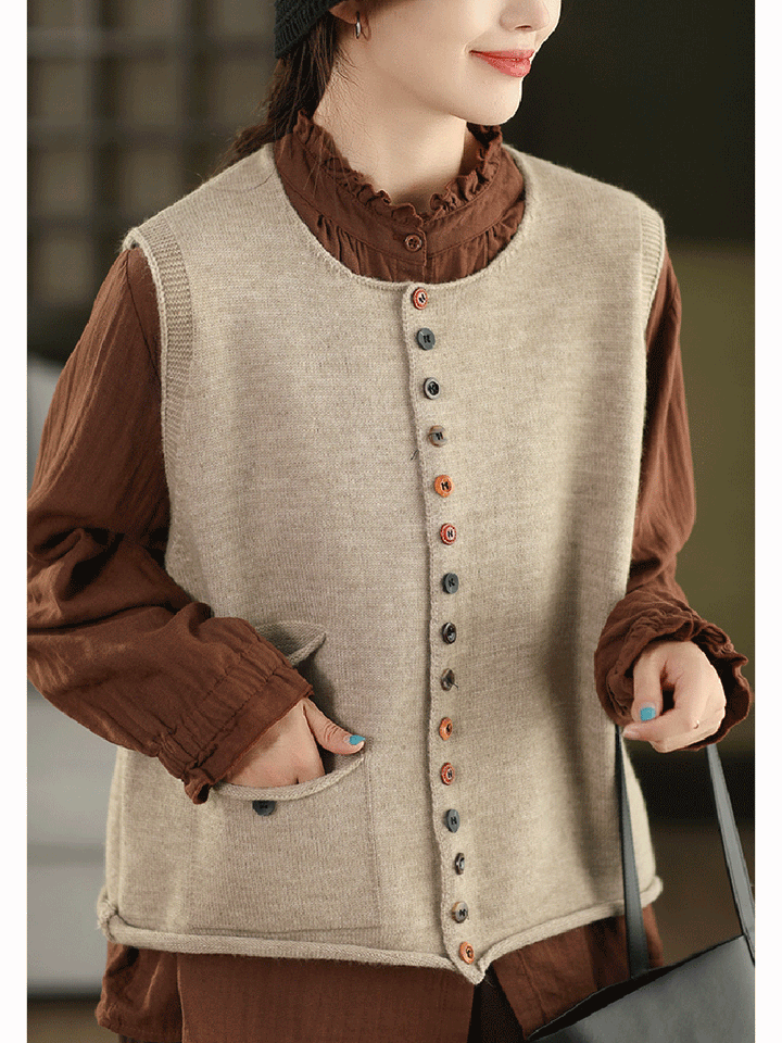 Victoria | Autumn Artistic Pure Colour Knitted Cardigan with Round Neck