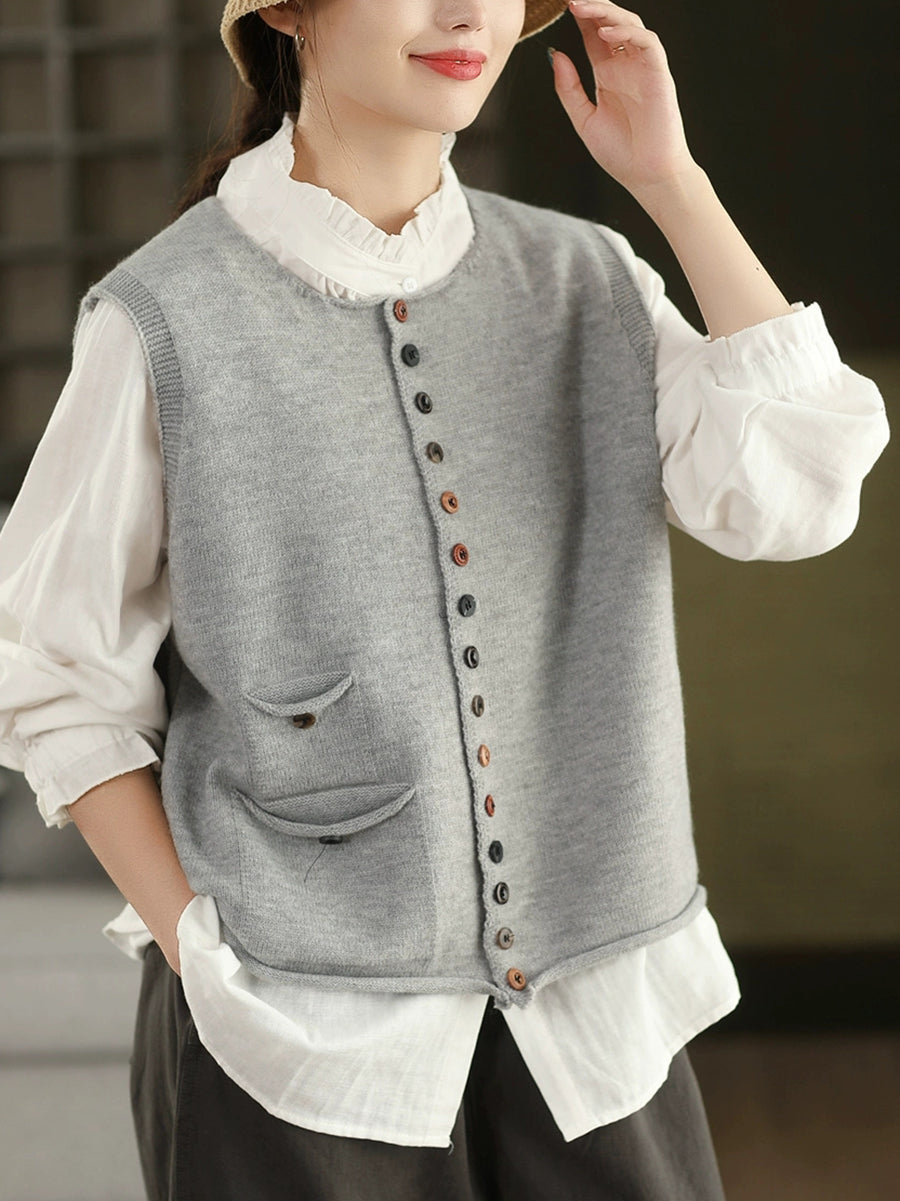 Victoria | Autumn Artistic Pure Colour Knitted Cardigan with Round Neck