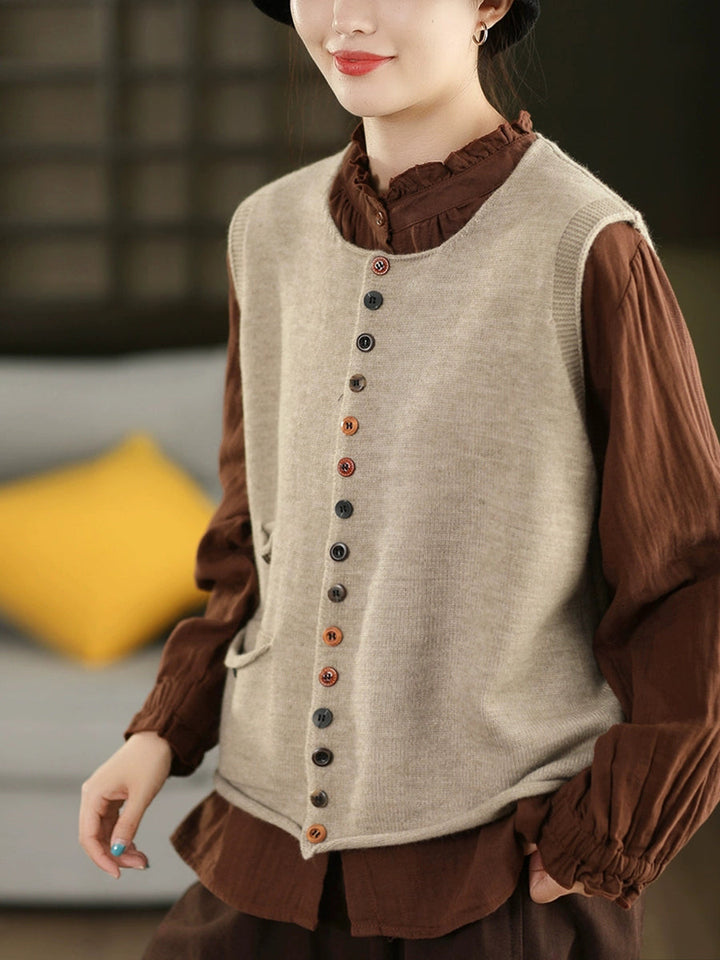 Victoria | Autumn Artistic Pure Colour Knitted Cardigan with Round Neck