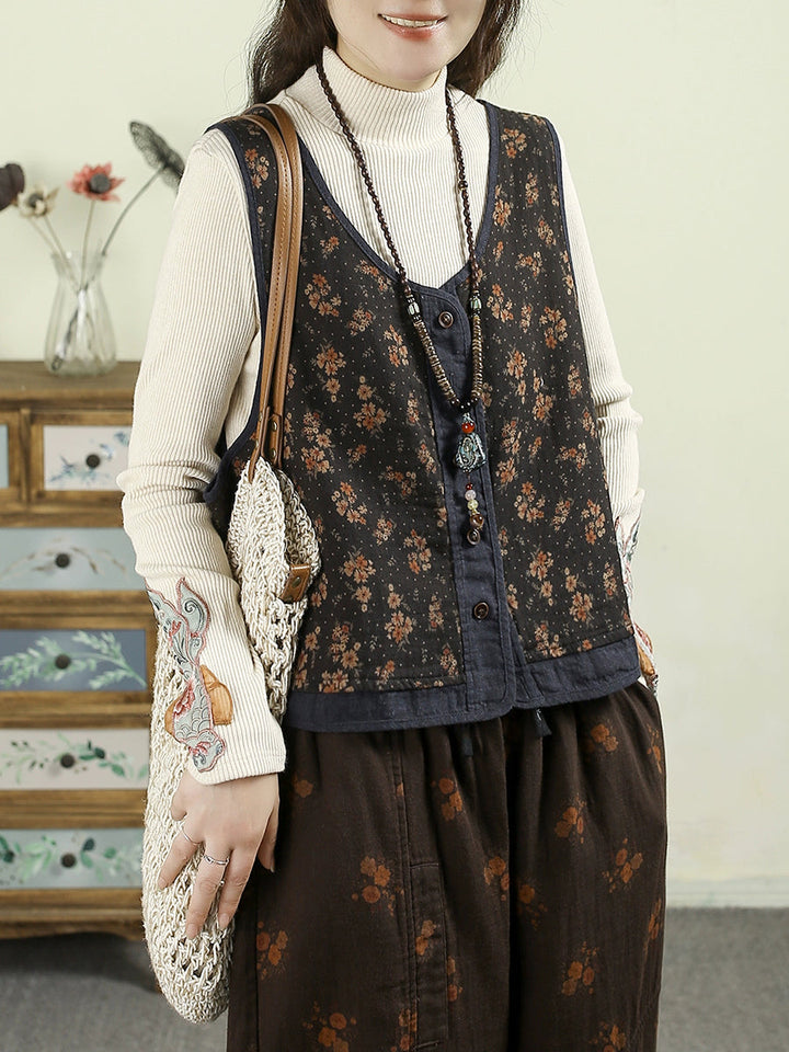 Victoria | Autumn Flower V-Neck Cotton Linen Cardigan
