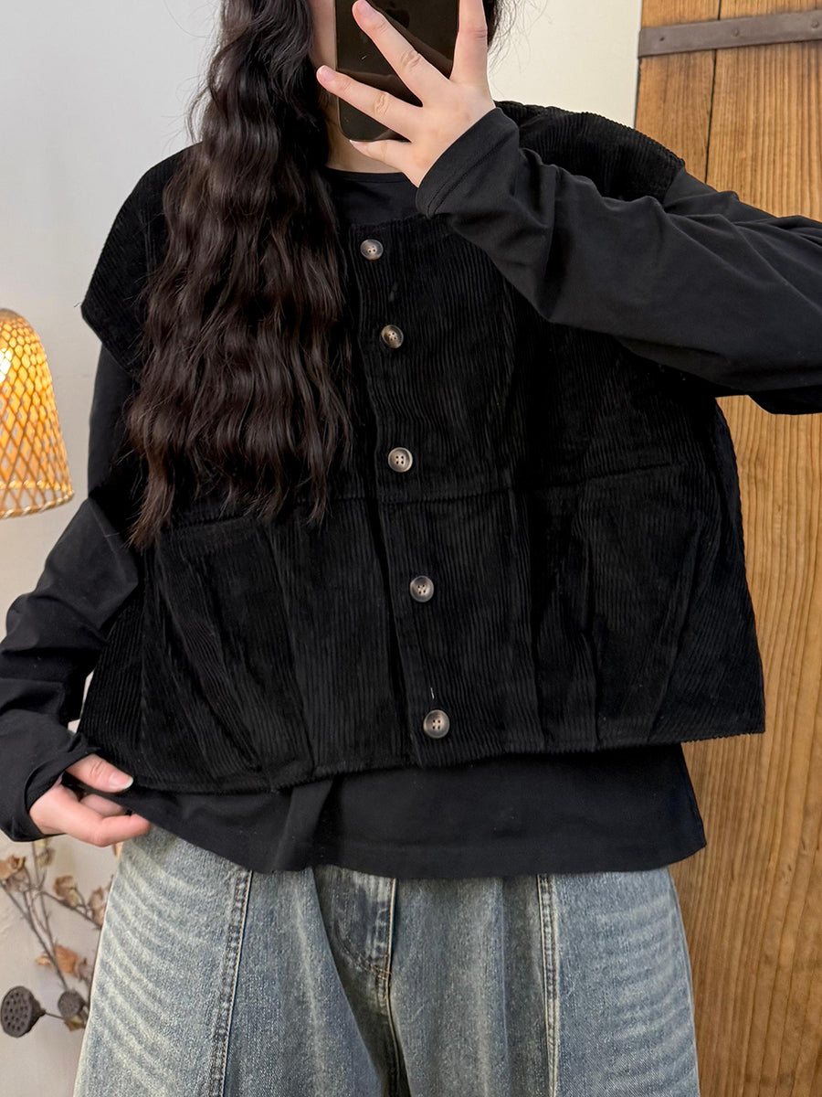 Victoria | Autumn Retro Solid Colour O-Neck Corduroy Vest