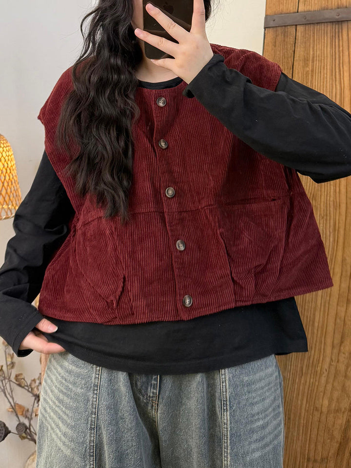 Victoria | Autumn Retro Solid Colour O-Neck Corduroy Vest