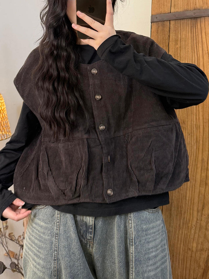 Victoria | Autumn Retro Solid Colour O-Neck Corduroy Vest