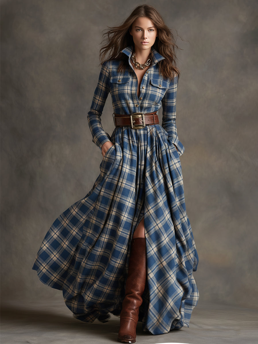 Victoria | Retro Ethnic Style Lapel Reddish Brown Plaid Maxi Dress
