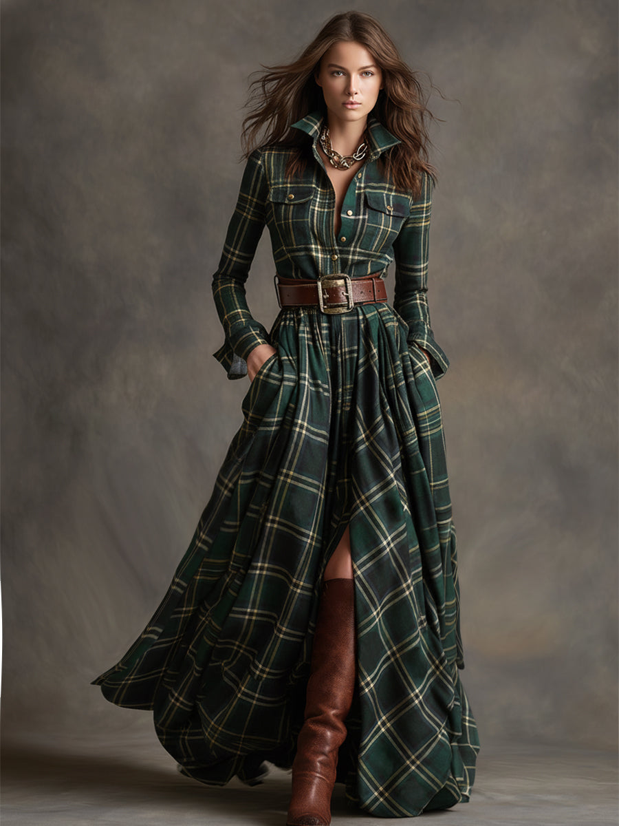 Victoria | Retro Ethnic Style Lapel Reddish Brown Plaid Maxi Dress