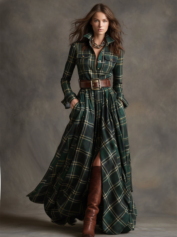 Victoria | Retro Ethnic Style Lapel Reddish Brown Plaid Maxi Dress