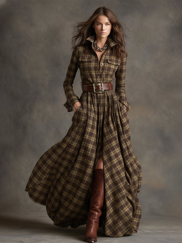 Victoria | Retro Ethnic Style Lapel Reddish Brown Plaid Maxi Dress