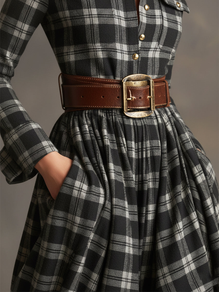 Victoria | Retro Ethnic Style Lapel Reddish Brown Plaid Maxi Dress