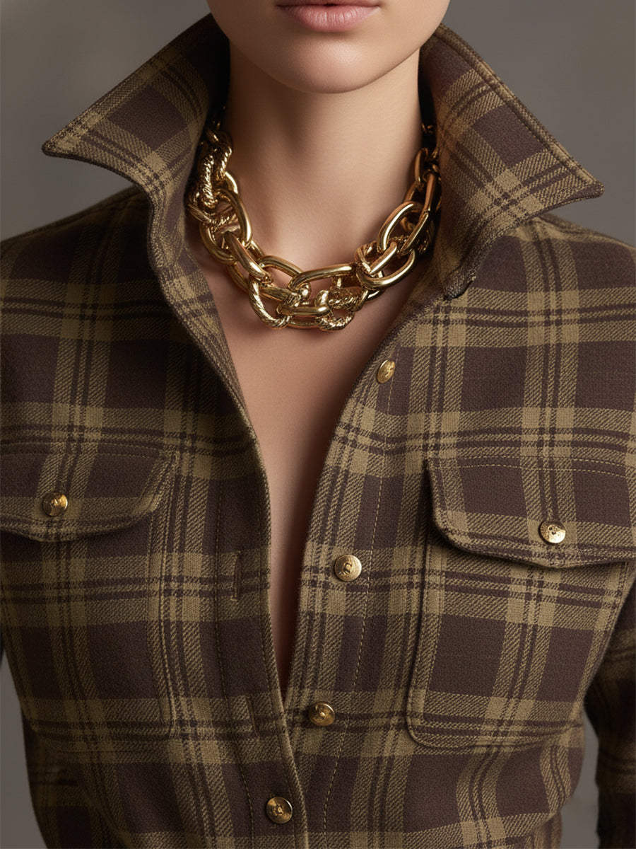 Victoria | Retro Ethnic Style Lapel Reddish Brown Plaid Maxi Dress