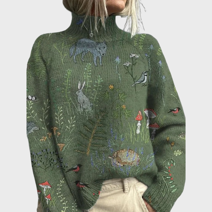 Victoria | Cozy Knitted Sweater with Forest-Inspired Print