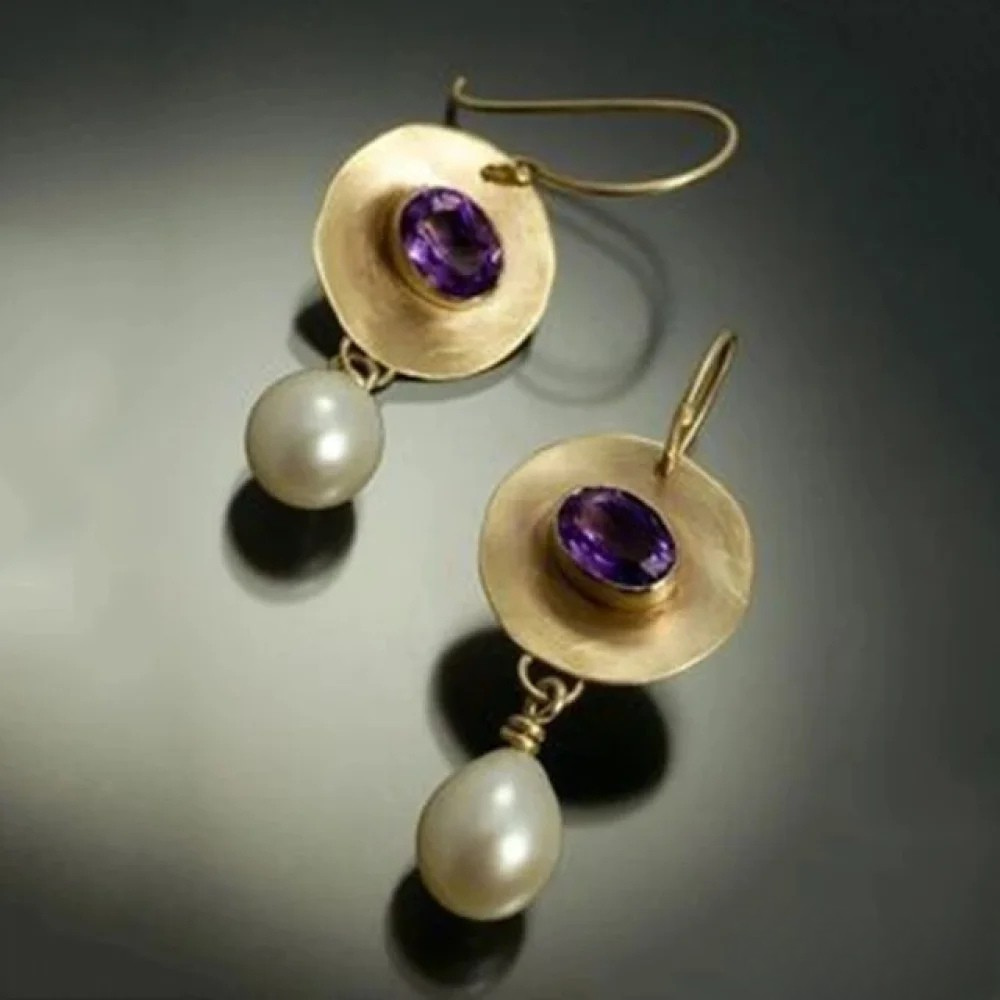 Victoria | Vintage Gold Earrings with Purple Zirconia and Pearls