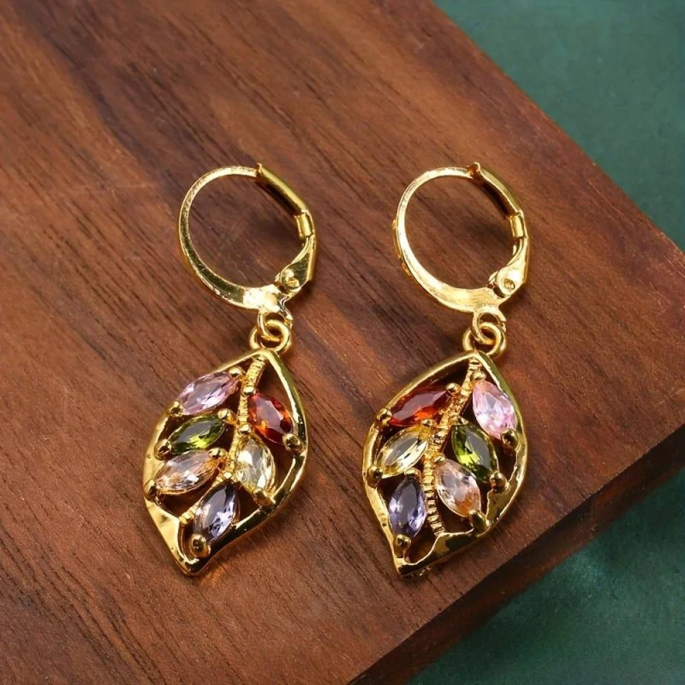 Victoria | Vintage Golden Leaf Earrings with Colourful Zirconia