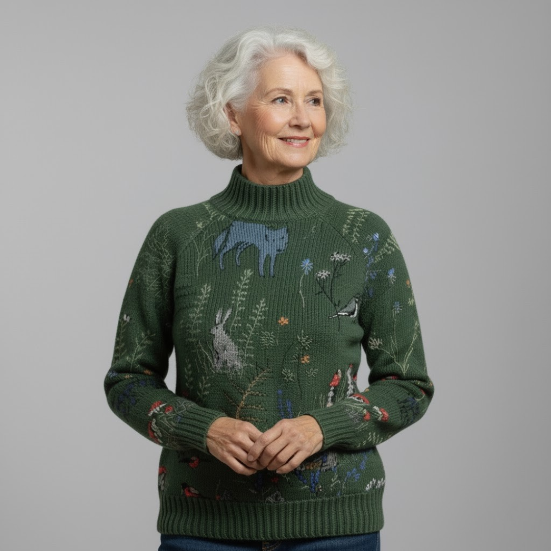 Victoria | Cozy Knitted Sweater with Forest-Inspired Print