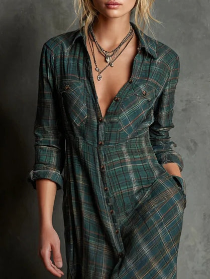 Victoria | Plaid Lapel Single-Breasted Shirt Long Dress