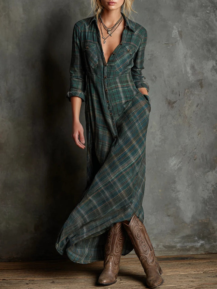 Victoria | Plaid Lapel Single-Breasted Shirt Long Dress