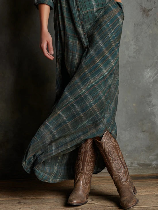 Victoria | Plaid Lapel Single-Breasted Shirt Long Dress