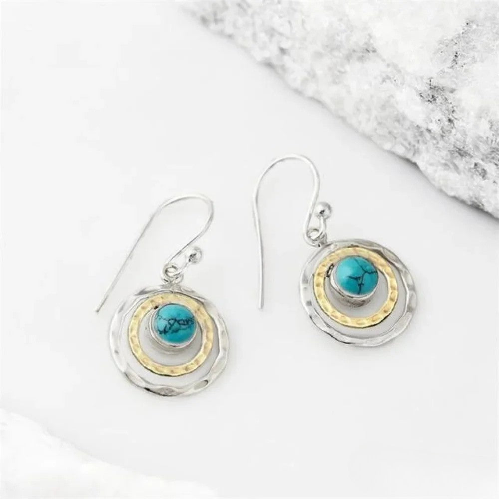 Victoria | Boho Saturn Earrings with Turquoise Stone in Silver & Gold