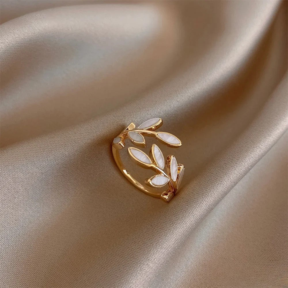 Victoria | Adjustable Gold Ring with White Opal Leaf