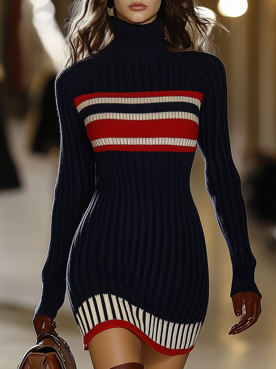 Victoria | Retro French Elegant Fashionable High Collar Red And White Striped Dress